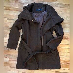 Cole Haan Brown Zipper & Button Hooded Wool Coat